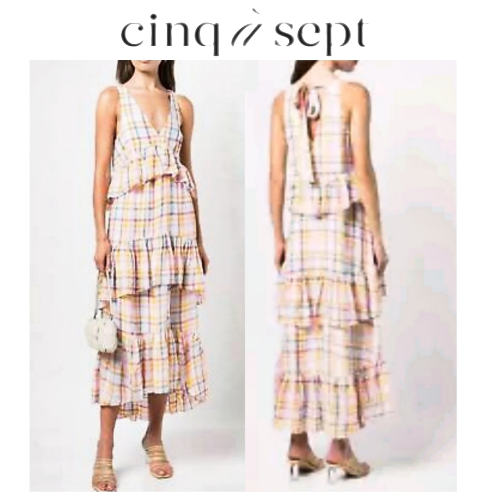 🎀Clearance🎀 NWT CINQ A Sept midi dress tiered ruffled W/ back tie Luxury - Picture 4 of 12